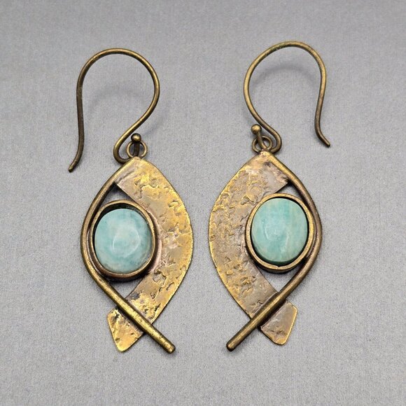 VTG Egyptian Revival Brass & Amazonite Dangle Earrings 2" Shepards Hook - Picture 1 of 8